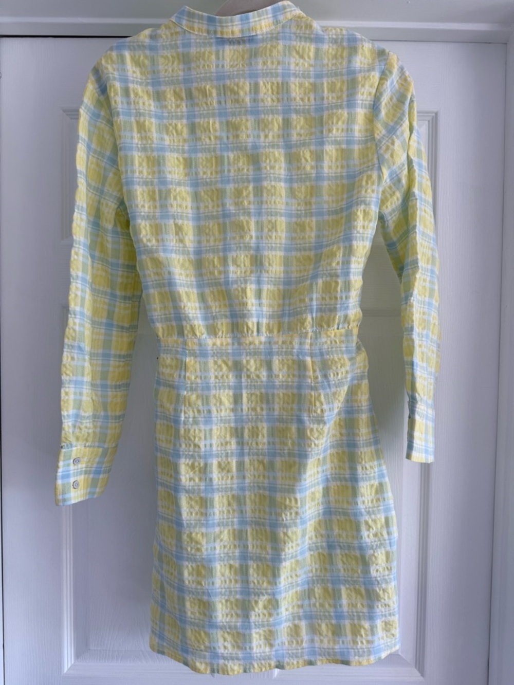 Mango MNG Yellow Blue Plaid Tie Waist Mini Dress Size 4 Cotton Blend - Picture 3 of 8